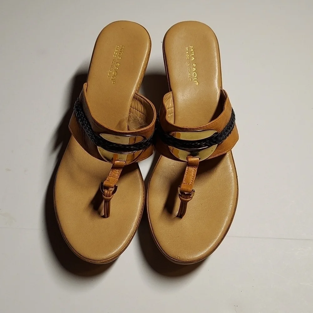 Mila Paoli Leather Wedge Sandals Tan and Black Size 9